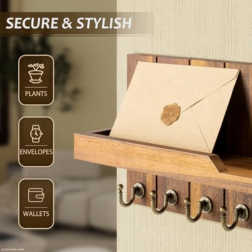 Rebee Vision Acacia Wood Key Holder Wall Mount for Home Decor - Key Holder for Wall with Floating Shelf for Hanging Coats & Hats - to Elevate Farmhouse Decor (Acacia Wood, 3.54''×15''×7.28'') - color: Acacia Wood, size: 15-inch