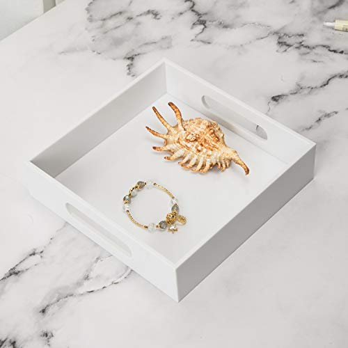 KEVLANG White Sturdy Acrylic Tray with Handles-8x8 Inch- Countertop Organizer Tray for Kitchen,Bathroom,Office- Storage Box for Cosmetics, Jewelry,Toiletries,Toy,Gadgets - color: Glossy White, size: 8" x 8" x 2"