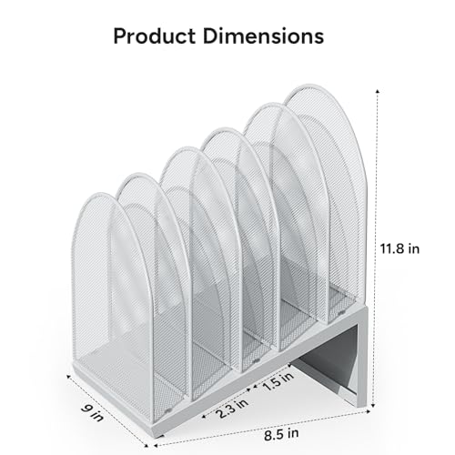 5-Section Desk File Organizer, Metal Mesh Folder Organizer for Documents, Mail & Office Papers (White) - color: White