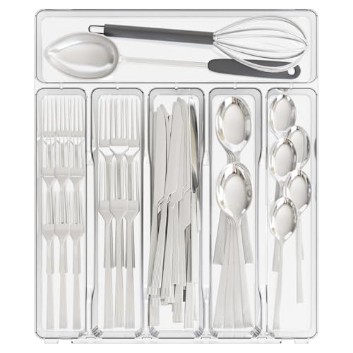 Yieach Clear Large Silverware Organizer 12 inch Wide for Kitchen Drawers,BPA Free Silverware Trays,Plastic Silverware Dividers & Holder,Utensil and Flatware Drawer Organizer Suitable for Fork,Spoon - size: Large