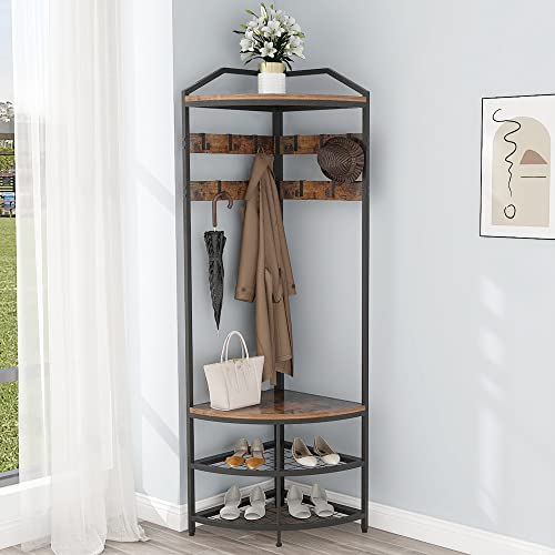 GiftGo Corner Hall Tree with Shoe Bench Entryway Coat Rack with 10 Metal Movable Hooks Floor Standing Clothes Rack Shoes Shelf Organizer for Home Office Bedroom (Rustic Brown) - color: Rustic Brown