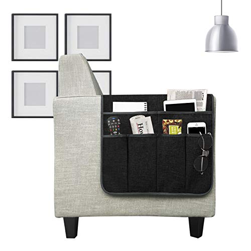 Couch Sofa Armrest Organiser Arm Chair Caddy Bedside Storage Pocket with 6 Pockets TV Remote Holder Bed Storage Pocket Bag for Cellphone Tablet Notepad Book Magazines DVD Glasses - color: #B Black (Cotton + Linen)