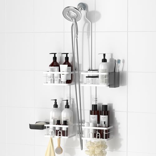 REINHARDT Adjustable Shower Caddy Hanging Rustproof Shower Caddy for Handheld Showerheads, Shower Organizer with Hooks Soap Holder Toothbrush Holder, Anti-Swing Shower Rack Bathroom Accessories, White - color: White
