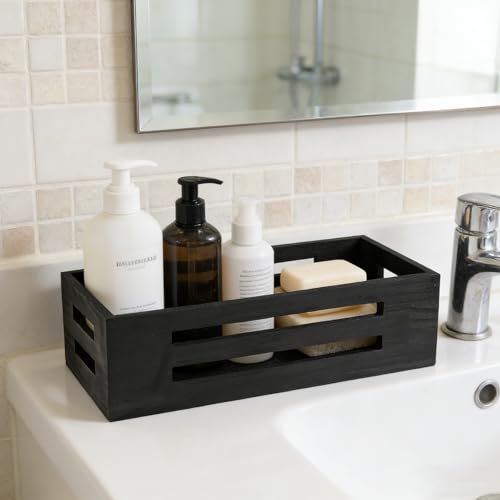Toilet Paper Storage Box with Handles, Wooden Wicker Toilet Tank Basket, Bathroom Basket Organizer for Countertop, Decorative Wicker Bins for Bathroom or Guest Room-Black - color: Black