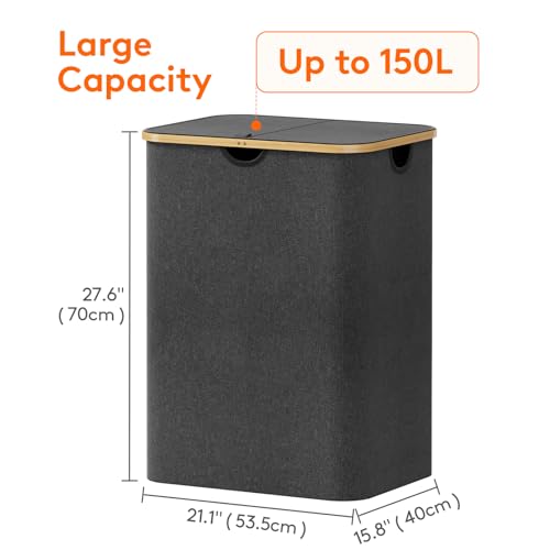 Lifewit 150L Laundry Basket with Lid, Clothes Hampers for Laundry with Bamboo Handles and 2 Removable Bag, Large Foldable Laundry Hamper for Bedroom, Bathroom, Dorm, Laundry Room, Dark Gray - color: Dark Gray, size: 150L