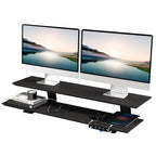 2-Tier Dual Monitor Riser with 6-Port Hub – 39.4" Extra Wide Solid Wood Plywood Desk Stand for Dual Monitors, 30w Fast Charging USB C/A Ports, Heavy Duty Desk Organizer, Black Wood Grain Finish