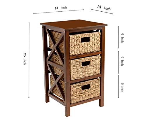 eHemco 3 Tier X-Side End Storage Cabinet with 3 Wicker Baskets, Walnut - color: Walnut, size: 14"D x 14"W x 25"H (3 Drawers)
