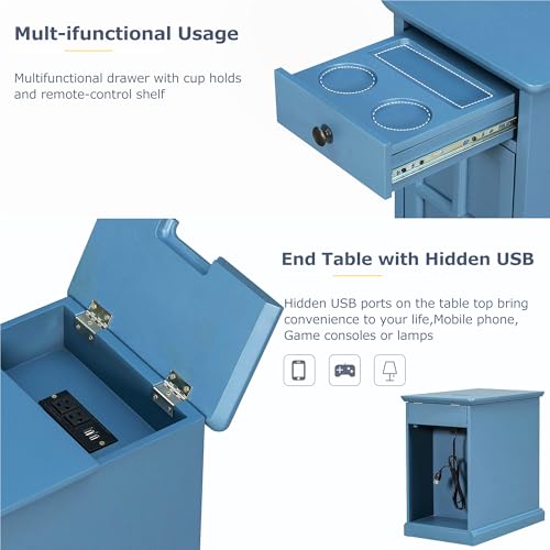 Multifunctional Classic Vintage End Table with USB Ports and 1 Drawer with Cup Holders, Sofa Side Bedside Nightstand Narrow Table for Living Room Bedroom (Antique Navy) - color: Antique Navy