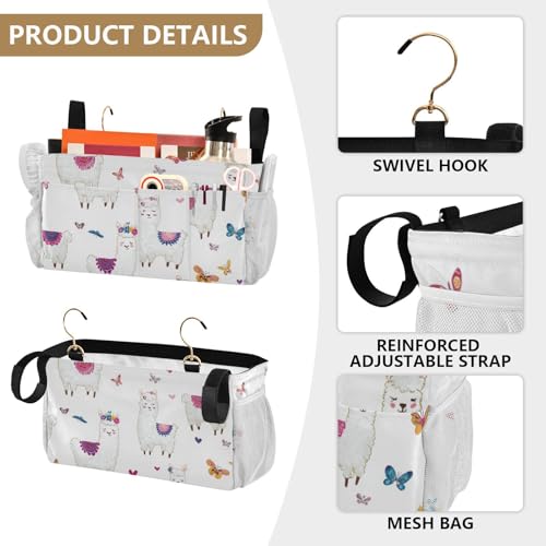 Bedside Caddy Metal Frame Hanging Organizer Bunk Bed Dorm Accessories Hook And Loop Storage Bag Large Pockets Hearts Llamas Butterfly - color: Hearts Llamas Butterfly