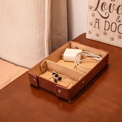 PU Leather Valet Tray Small NightStand Bedside Entry Table Trya with Partition for Phone Jewelry Glasses Keys and Coins Father's Day Birthday Gifts (Brown and Pink) - color: Brown and Pink