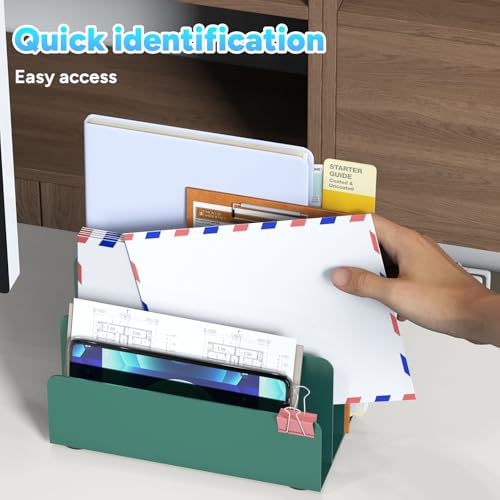 Mail Organizer Countertop, Small Desk File Organizer, Metal File Holder - Essential Workspace Organizers for Office Desk, Home Office (Green) - color: Green