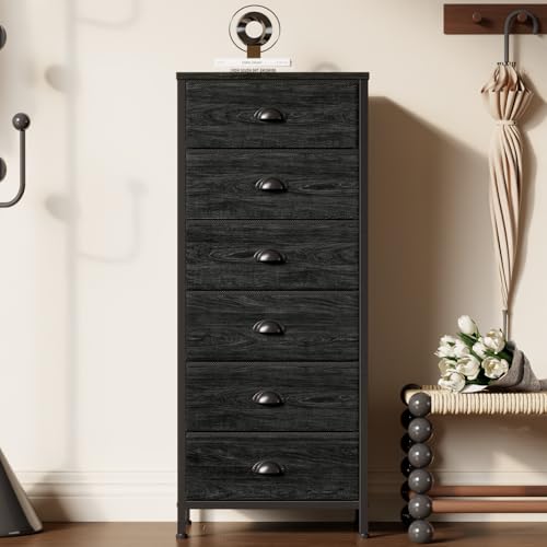 Furnulem Tall Dresser with 6 Drawers,Vertical Bedside End Table & Chest for Bedroom,Black Storage Tower Dorm Nightstand with Fabric Drawer Organizer Unit Furniture in Living Room,Closet,Hallyway - color: Black Oak, size: 11.5"D x 16"W x 39.6"H (6 Drawers)
