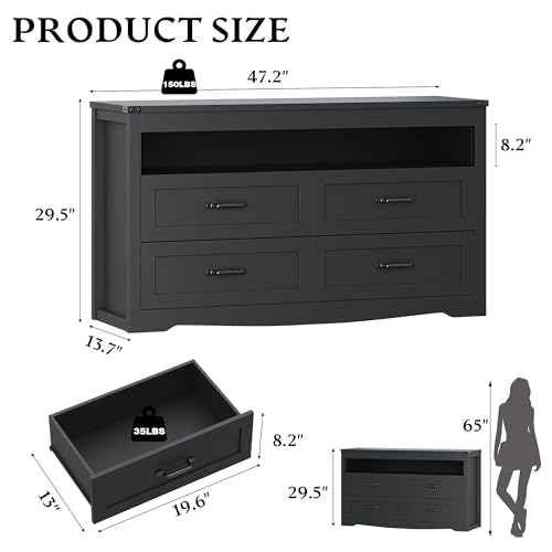Dresser for Bedroom with 4 Drawers, Farmhouse Chest of Drawers with Natural Texture and LED Lights, Wide Wood Rustic Closet Storage Organizer, Modern Dresser TV Stand for Living Room, Entryway, Black - color: Black, size: 13.8"D x 47.2"W x 29.5"H (4 Drawe