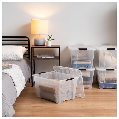 IRIS USA 54 Qt Stackable Plastic Storage Bins with Lids, 12 Pack - BPA-Free, Made in USA - See-Through Organizing Solution, Latches, Durable Nestable Containers, Secure Pull Handle - Clear - color: Clear, size: 54 Qt, style: 12 Pack