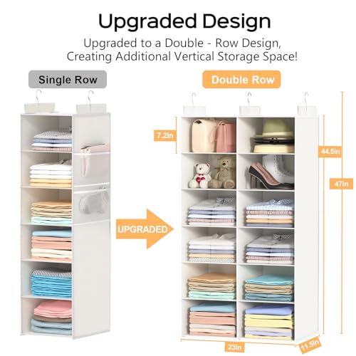 ALLTIDYUP Space-Saving Hanging Closet Storage Organizer – Dual-Row Foldable Shelves with 3 Hooks, 6-Tier Wardrobe Organizer for Dorm, Bedroom, Closet (White) - color: White, size: 6 Tier
