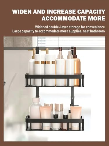 Over Door Shower Caddy, Black Rustproof Bathroom Organizer, 2-Tier Storage Rack, 11.81x5.31 Inch Shelves, No Drilling Required