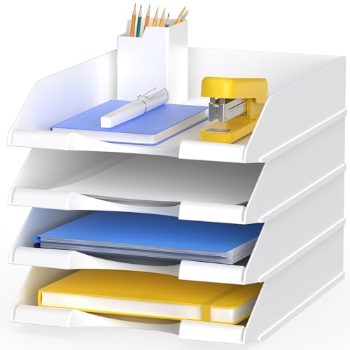 4 Pack Stackable Paper Trays for Letter Documents, Desktop File Organizers for Office Supplies, Stackable Desk Tray Holder for Paper Storage, White - color: White