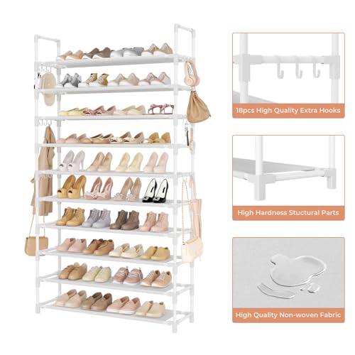 LANTEFUL Tall Shoe Rack 10 Tier Shoe Organizer Large Shoe Shelf with 18 Hooks Storage for 50 Pair Sneaker and Boot, Stackable Vertical Shoe Rack Organizer for Closet, Entryway, Bedroom, White - color: White, size: 10 Tier-68" High-34" Wide