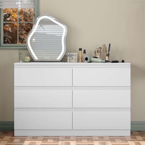Furniouse Modern 6 Large Storage Drawers Dresser for Clothes Organizer, White Modern Chest of Drawers for Closet, 47" Long Drawer Organizer Cabinet for Bedroom, Living Room, Entryway, Hallway - size: 15"D x 47.3"W x 29.7"H (6 Drawers)