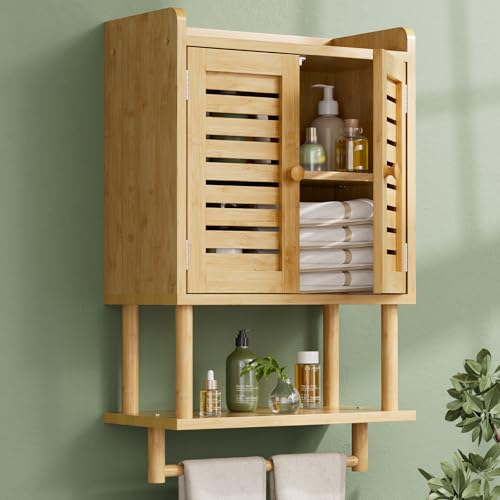 AmazerBath Bathroom Wall Cabinet, Bamboo Over The Toilet Storage Cabinet, Hanging Medicine Cabinets with Towel Bar, Wall Mounted Storage Shelf with Adjustable Shelves for Small Spaces - color: Natural With Striped Door, size: 16.5" W x 26.6" H