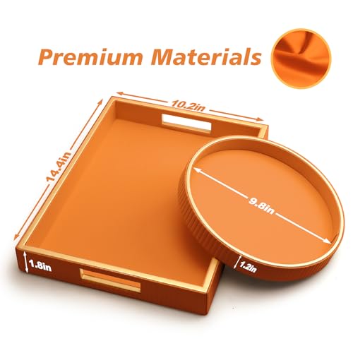 SANZIE Leather Tray Desktop Storage Organizer Premium Serving Tray Decorative Trays Valet Trays for Sundries Cosmetics Phone Wallet Cutlery (Orange Holder with Disc) - color: Orange Holder With Disc