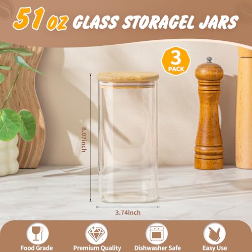 SENTVEND 51 Oz Glass Storage Jars with Bamboo Lids - 3 Pack Clear Glass Canisters Square Airtight Stackable Ideal for Pantry Storage Containers Great for Storing Oats Coffee Beans Pasta Flour Rice etc - color: 51 OZ-Clear