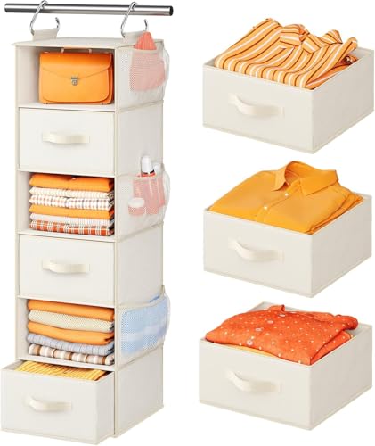 Pipishell Hanging Closet Organizer 6-Shelf, Hanging Shelves for Closet with 3 Removable Drawers & Side Pockets for Bedroom, Garment Rack and Wardrobe Organization, 12' x 12' x 43.3', White - color: White