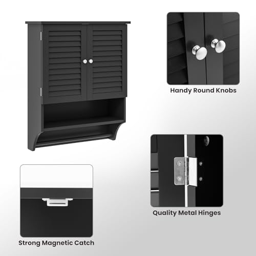 Tangkula Wall Mounted Bathroom Cabinet with Open Shelf & Bar, Medicine Cabinet with Double Louvered Doors, Wall Storage Cabinet with Adjustable Shelf, for Bathroom Living Room Kitchen (Black) - color: Black