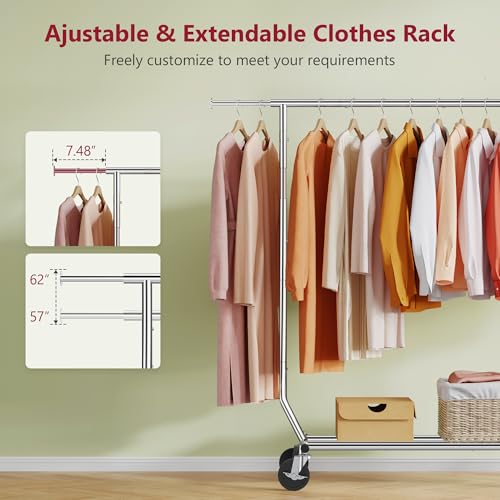 Tajsoon Clothing Rack Heavy Duty Clothes Racks Foldable Garment Rack with Wheels and Extendable Rod, Collapsible Clothing Rack Max Capacity 250lbs, Industrial Rolling Racks with Bottom Shelf, Chrome - style: Single Rod Commercial