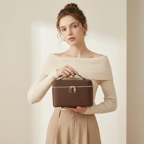 Makeup Bag Vanity Case for Women – Portable Cosmetic Bag Makeup Bag Organizer Travel Toiletry Bag with Removable Divider - color: Dark Brown