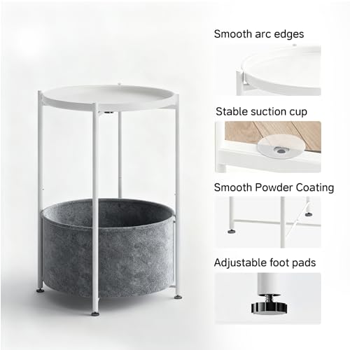 Small Round Side Table with Felt Storage Basket, Metal End Table with Removable Tray and Adjustable Feet, Accent Table for Nursery, Bedroom, Living Room, Laundry Room, White - color: White