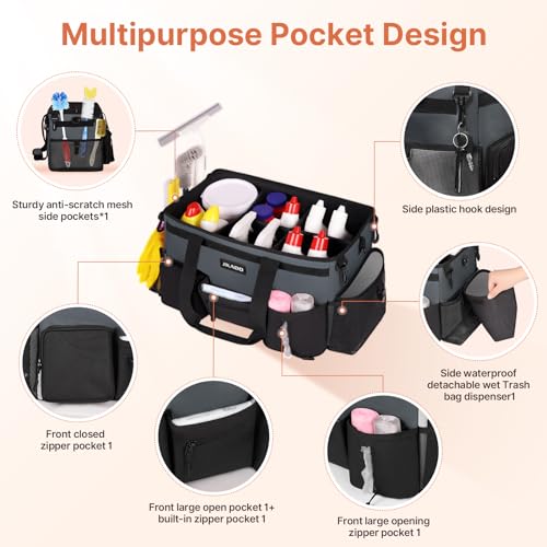 JKAOO Large Wearable Cleaning Caddy Bags,Cleaning Supplies Storage Bag with Handles and Adjustable Shoulder Strap and Removable Waist Straps,Waterproof Cleaning Bags for Home,Car,Office (Gray) - color: Gray