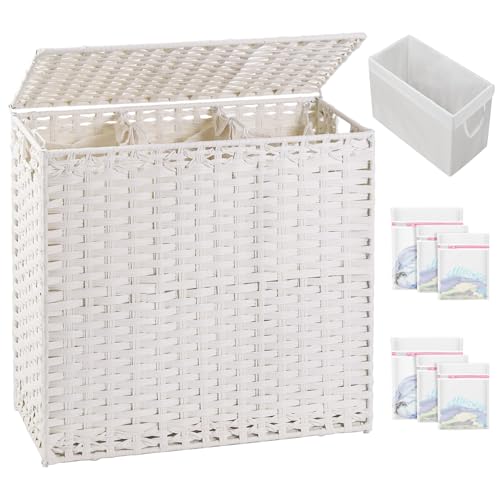 SETVSON Laundry Hamper with Lid Laundry Basket 132 L (35 Gal) Wicker Clothes Hamper, Handwoven Rattan Hamper with Handles and 4 Removable Liner Bags, 6 Mesh Bags for Laundry Bedroom White - color: White, size: 35.0 Gal