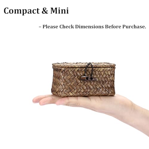 Seagrass Basket Bin with Lid Mini Size Handwoven Wicker Storage Container Storage Basket Decorative Desktop Organizer for Shelf Bathroom Home Decor, 4.3"x2.5"x2.1" - size: 4.3"L x 2.5"W x 2.1"H