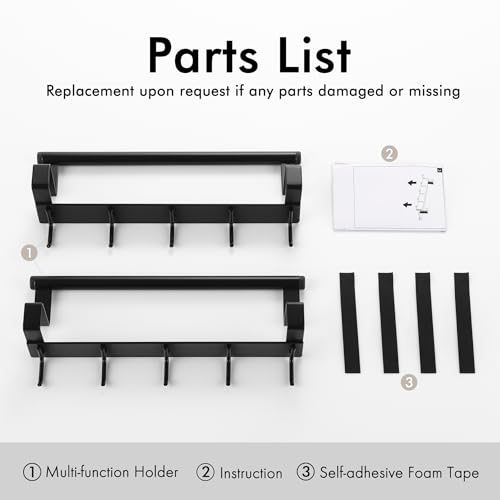 KES Over The Cabinet Door Towel Bar with Hooks, Kitchen Towel Holder with Hooks for Hanging Utensils, Over The Cabinet Door Organizer with Hook 2 Pack, Matte Black, Metal, KUR527-BK-P2