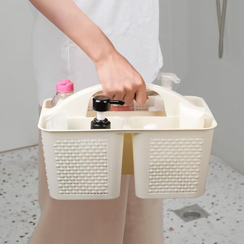 UUJOLY Plastic Portable Shower Caddy Basket Bucket, Cleaning Shower Basket with Handle Compartments Storage Basket Organizer for Bathroom Kitchen College Dorm Sink, Beige - color: Beige