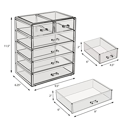 Sorbus Acrylic Makeup Organizer Set, 6-Drawer Vanity & Countertop Cosmetic Storage with Small & Wide Drawers, Black Jewel Makeup Storage for Brushes, Lipsticks, Jewelry, Holiday Gift for Women & Teens - color: Black Jewel, style: 4 Large, 2 Small Drawers