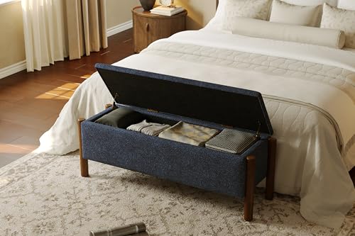 Modern Storage Benches with Walnut Wood Legs, 47'' Ottoman Bench with 20 Gallons Storage Space for Bedroom End of Bed, Fabric Upholstered Entryway Bench with Seating for Livingroom, Blue - color: Blue