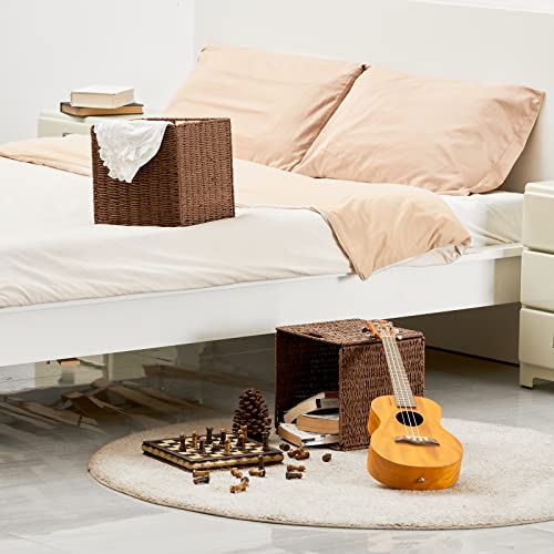 Vagusicc Wicker Basket, Set of 2 Hand-Woven Paper Rope Storage Baskets for Organizing, Foldable Cubby Storage Bins, 11 Inch Large Wicker Storage Basket, Square Baskets Cube Storage Organizer, Brown - color: Brown, size: 11'' x 11'' x 11''