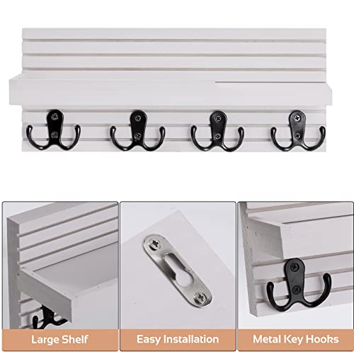 Decorative Key Hanging Rack with 4 Double Hooks – Easy Install Natural Wooden Key and Mail Holder for Wall Mount – Entryway Decor Rack with Shelf (White) - color: White