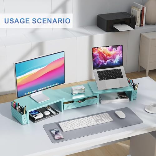 gianotter Dual Monitor Stand Riser, Desk Organizer With Drawer and 2 Pen Holders, Monitor Stand for Desk, Office Decor Essentials (Blue) - color: Blue