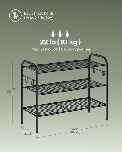 SONGMICS Shoe Rack, 3-Tier Shoe Organizer, Metal Shoe Shelf Storage with 4 Side Hooks, Holds 12 Pairs of Shoes, Height-Adjustable Shoe Rack for Entryway, Hallway, Closet, Ink Black ULMR068B01 - color: Ink Black, size: 3 Tiers (26.7"W)