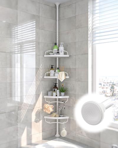 Corner Shower Caddy:125" Adjustable Inside Tension Shower Organizer Tension Pole,Rustproof Bathroom Organizer Shelves for Bathtub Shampoo Conditioner Storage,Floor to Ceiling Standing Showering Rack - color: White