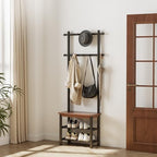 Coat Rack with Shoe Storage, Wood and Metal Frame, Entryway Hall Tree with Bench, Featuring 11 Hooks and 2-Tier Storage Shelves, 3-in-1, Entry Bench with Coat Rack (23.6" Walnut) - size: 60
