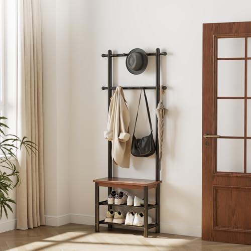 Coat Rack with Shoe Storage, Wood and Metal Frame, Entryway Hall Tree with Bench, Featuring 11 Hooks and 2-Tier Storage Shelves, 3-in-1, Entry Bench with Coat Rack (23.6" Walnut) - size: 60