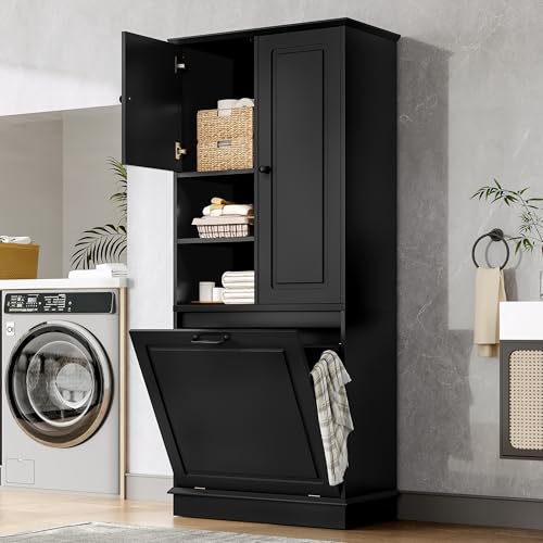Virubi Tall Laundry Cabinet with Tilt Out Hamper, Wood Tall Laundry Room Cabinets with Doors, and Adjustable Shelves, for Bathroom Storage Organization, Freestanding, Black - color: Black, size: 29.9"x14.2"x67.7"