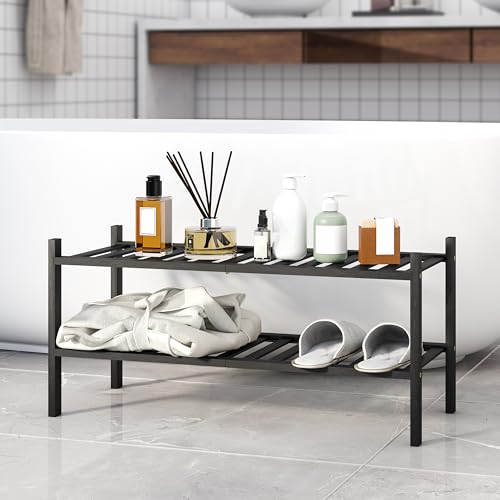 Shoe Rack, 2-Tier Bamboo Stackable Shoe Shelf Storage Organizer, Shoe Stand for Closet, Entryway and Hallway - color: Black, size: 2-Tier-Standard