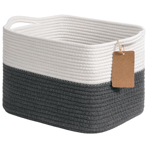 Goodpick Woven Storage Basket for Shelves, Baskets for Organizing, Cotton Rope Baskets with Handles, Rectangle Basket for Baby Toy Storage, 13 x 10 x 9 Inches, White & Dark Gray - color: Dark Gray, size: 13"L x 10"W x 9"H