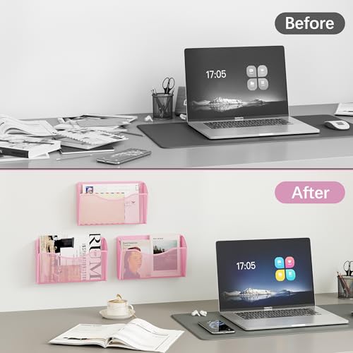 EasyPAG 3 Pack Wall File Organizer, Metal Mesh Hanging File Folder Holder for Letter/A4 Size Folders, Vertical Wall Mount Mail Sorter for Office Paperwork, Classroom, Pink - color: Pink