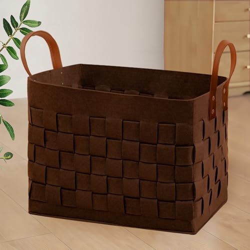 boldmonkey Laundry Basket 16.5 " x13 x13 , Large Rectangular Felt Fabric Blanket Basket with Leather Handle, Dirt Clothes Laundry Hamper for Babies, Dogs and Living Room-Brown - color: Wood Brown